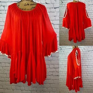 INDIGO SOUL Crinkly Coral Lace Trim Cold Shoulder Dress/Tunic